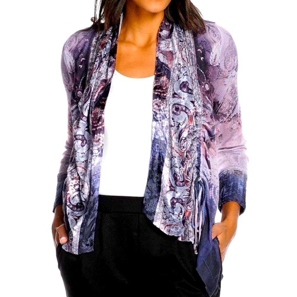 💜One World Ruched printed loose knit purple long cardigan duster sweater NEW💜 - Picture 2 of 6